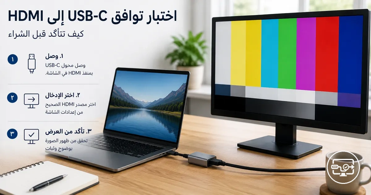 إعداد اختبار توافق USB-C إلى HDMI مع توصيل الجهاز بشاشة خارجية