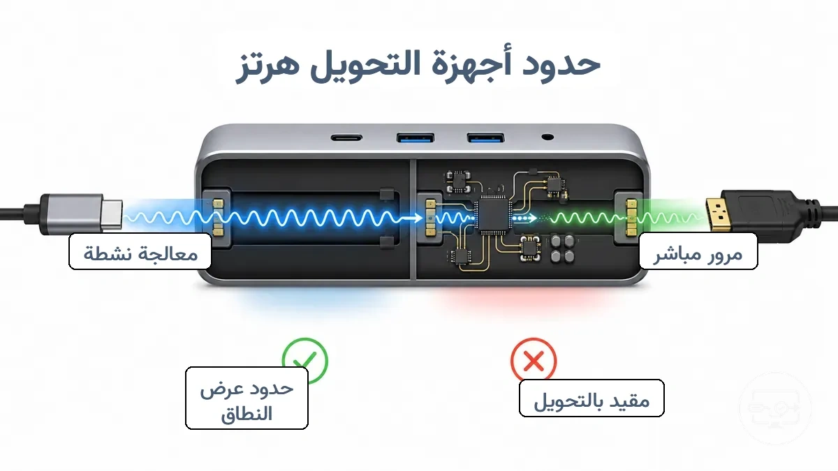رسم تخطيطي يقارن بين مسارات الإشارة في النقل المباشر والمقيدة بالتحويل في محاور ومحولات USB-C