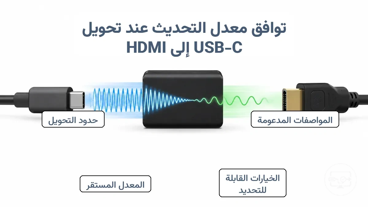 رسم تخطيطي يوضح كيفية تأثر معدل التحديث عند مرور إشارة فيديو USB-C عبر محول HDMI