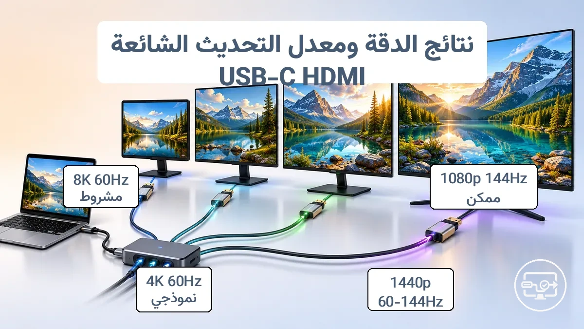 مقارنة نتائج الدقة ومعدل التحديث عبر USB-C إلى HDMI حسب قدرات الكابل والمحول.