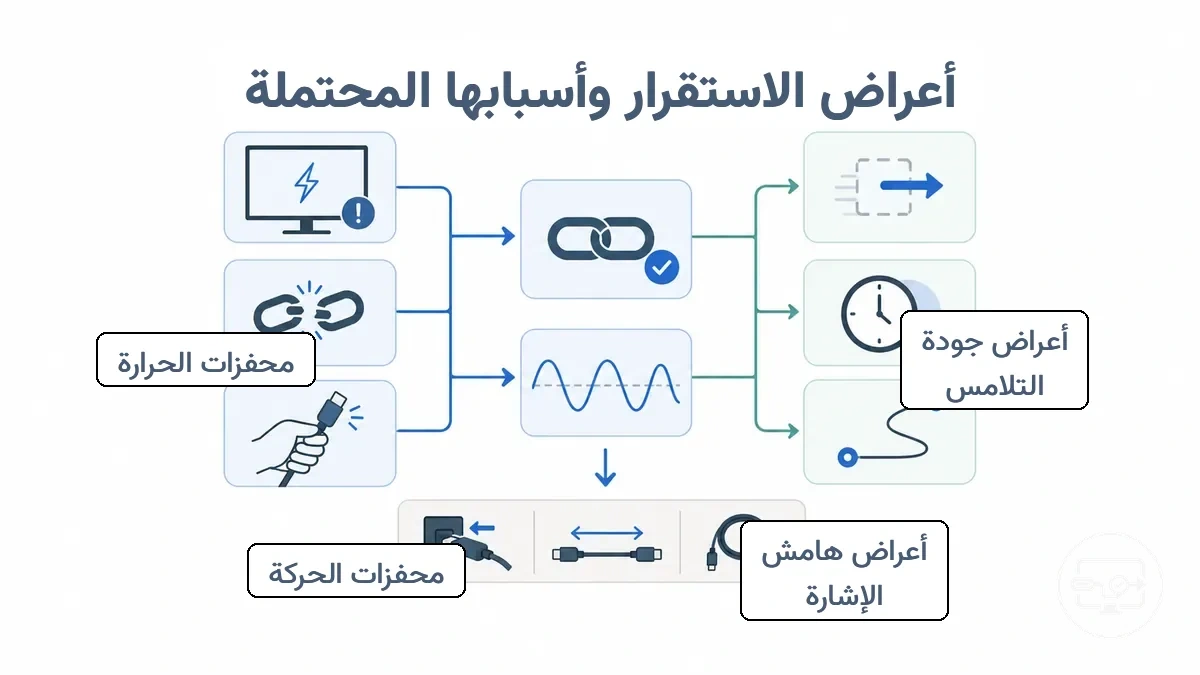 رسم بياني يربط أعراض عدم ثبات USB-C إلى HDMI بفئات الأسباب المحتملة والفحوص الأولية الآمنة