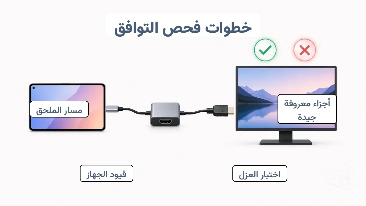 مخطط انعزال بسيط يوضح الجهاز وكابل HDMI والمحول والشاشة مع نتيجة نجاح/فشل