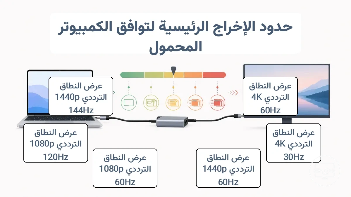 رسم بياني يوضح أوضاع الإخراج المستهدفة الشائعة وقيود النطاق الترددي والمنفذ النموذجية لشاشات اللابتوب الخارجية.