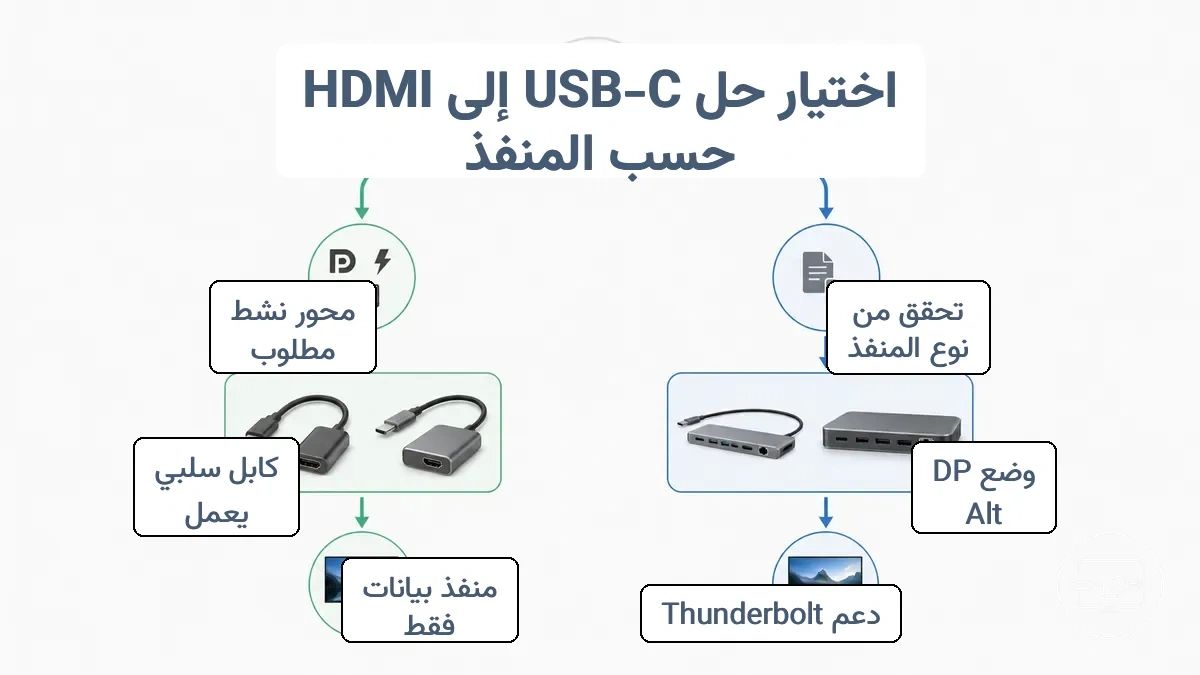 شجرة قرار: قدرة المنفذ تؤدي إلى نوع الحل لتوصيل USB-C إلى HDMI.