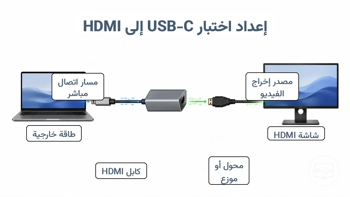 مخطط يوضح جهاز USB-C متصل عبر محول وكابل HDMI بشاشة، مع عرض سلسلة إشارة الاختبار.