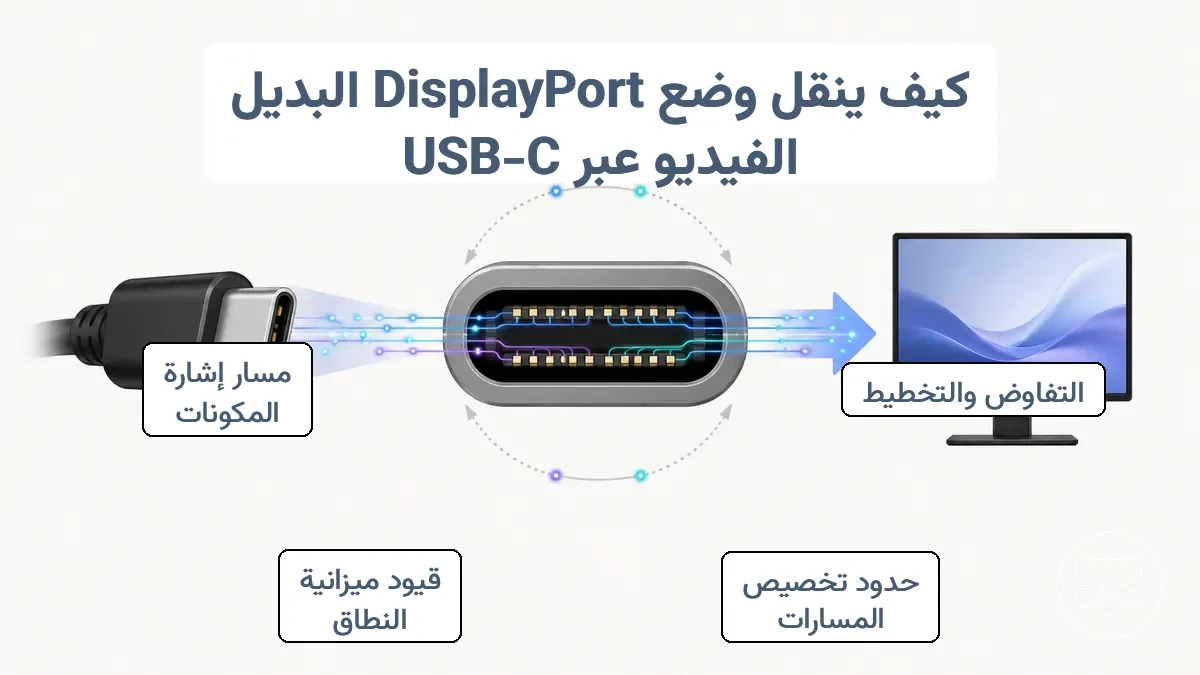 تدفق مسار الإشارة من جهاز USB-C عبر وضع DisplayPort البديل والتحويل إلى شاشة HDMI