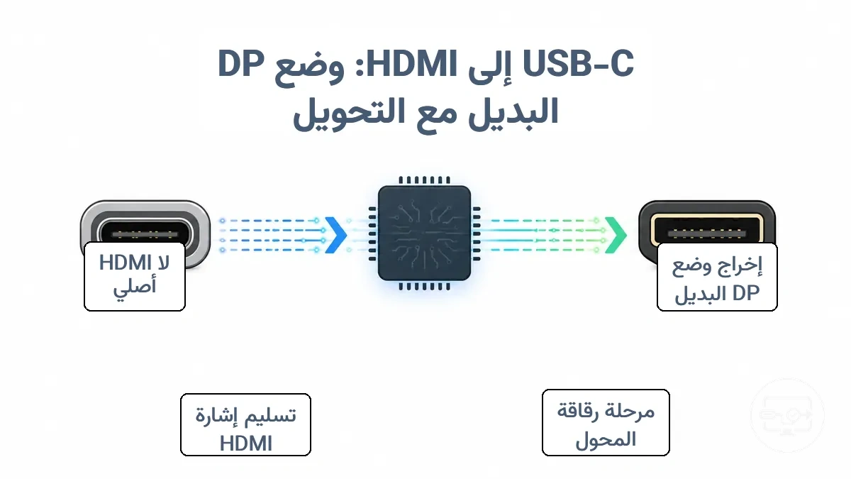رسم بياني يوضح إخراج وضع DisplayPort البديل من منفذ USB-C وتحويله إلى إشارة HDMI