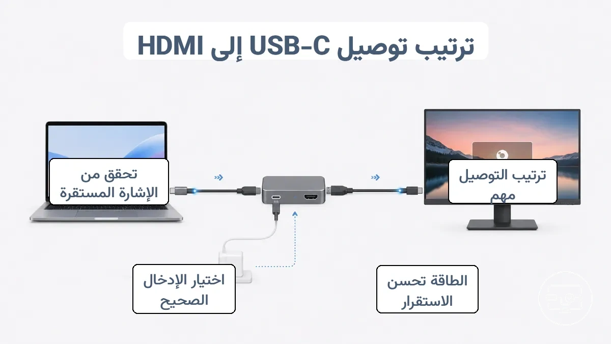 رسم توضيحي خطوة بخطوة يظهر جهاز USB-C متصلاً عبر محول أو مركز توصيل بشاشة HDMI مع نقاط التحقق من الطاقة واختيار الإدخال.
