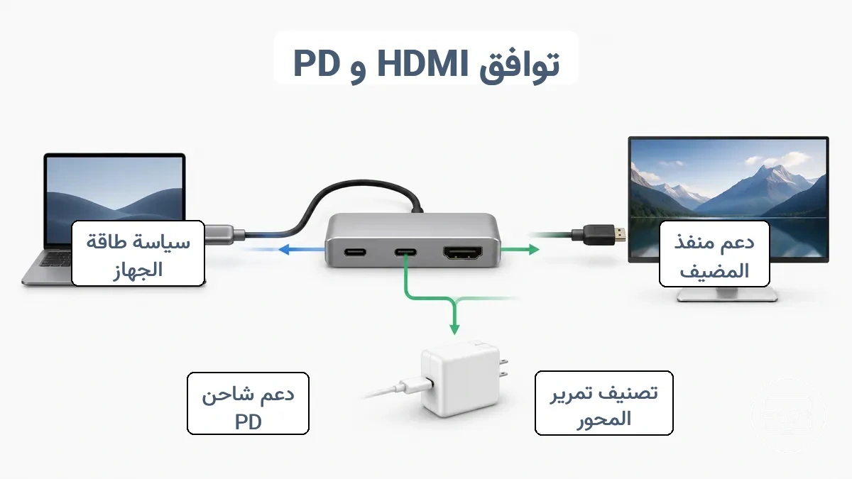 مخطط تدفق متطلبات التوافق لمخرج HDMI وتمرير شحن PD