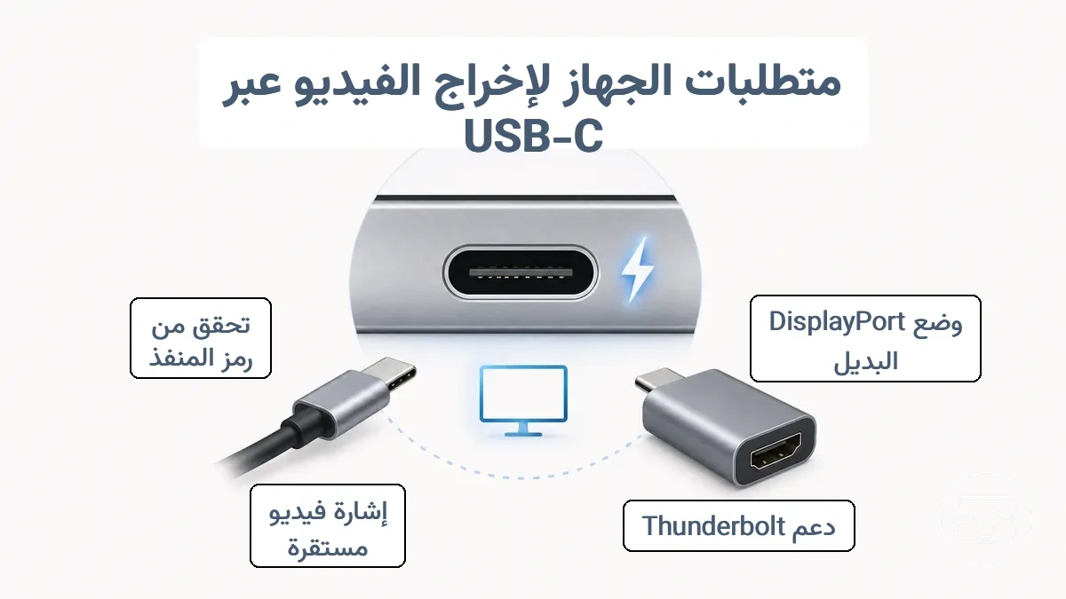 رسم تخطيطي يوضح إشارات قدرة منفذ USB-C لدعم إخراج الفيديو