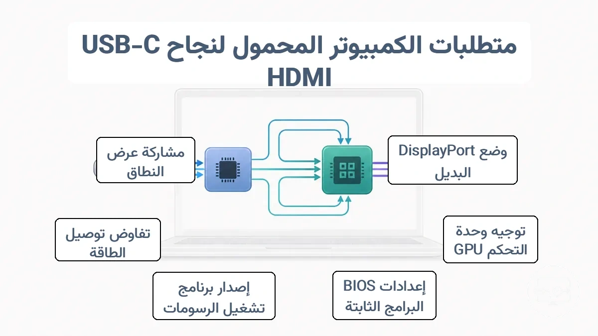 رسم تخطيطي لسلسلة الإشارة في جانب اللابتوب من منفذ USB-C عبر وحدة التحكم والتوجيه وخط GPU إلى مخرج HDMI