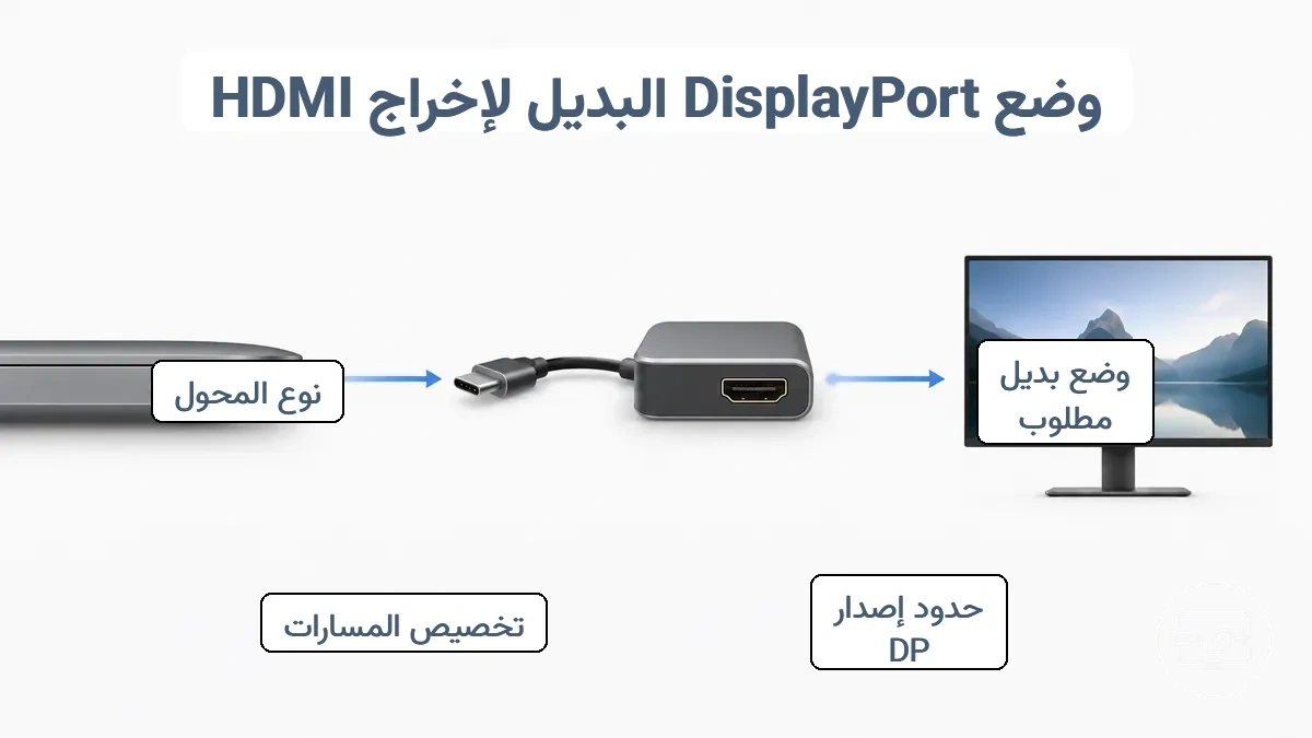 رسم بياني يوضح تحويل محول USB-C إلى DisplayPort Alt Mode إلى شاشة HDMI