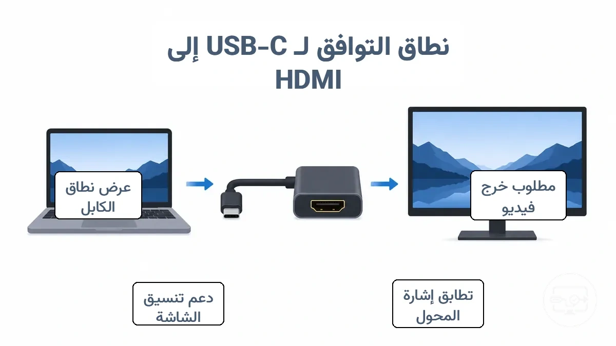 رسم بياني لسلسلة توافق USB-C إلى HDMI يوضح إخراج الفيديو من المصدر ومسار المحول وحدود شاشة HDMI.