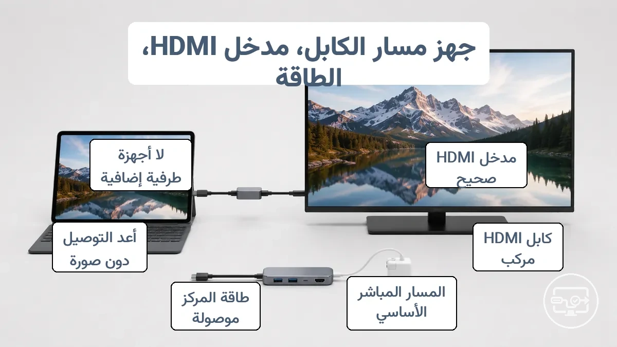 إعداد USB-C إلى HDMI مُجهز يظهر مدخل HDMI الصحيح ومسار كابل مبسط وتوصيل طاقة الموزع الاختياري.
