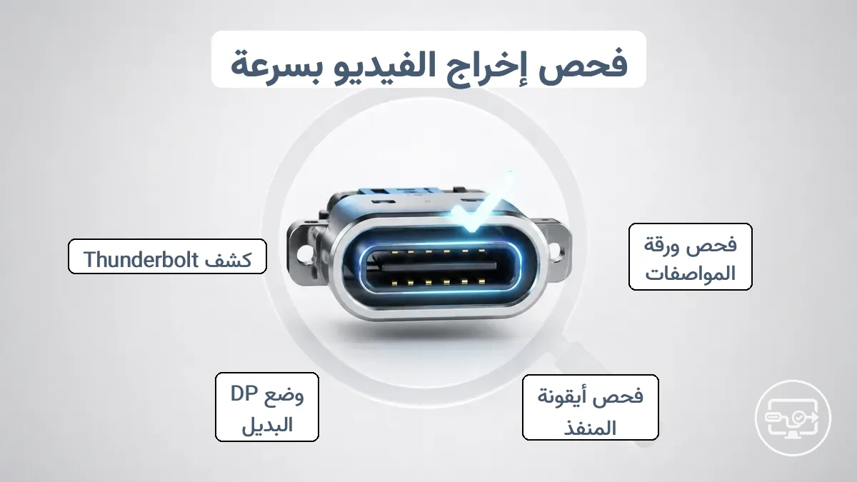 مثال مشروح يوضح علامات منفذ USB-C وسطر مواصفات يُستخدم لتأكيد دعم إخراج الفيديو.
