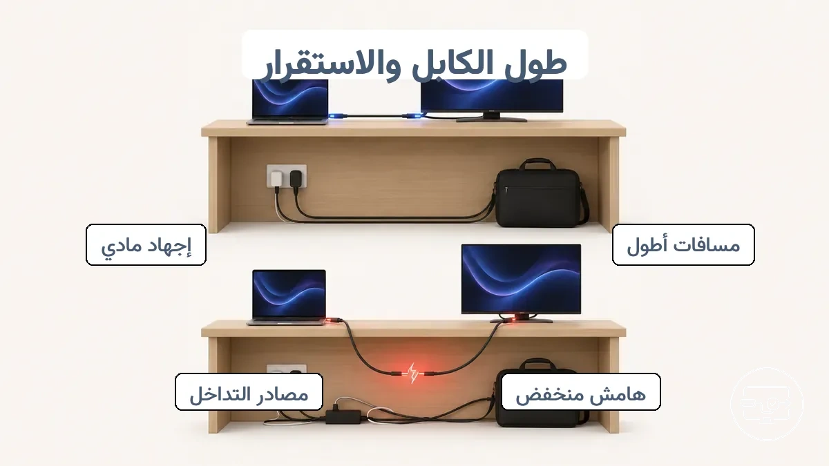 رسم توضيحي يقارن بين مسافات كابل USB-C إلى HDMI القصيرة والطويلة وكيف يمكن للتوجيه والتداخل التأثير على الثبات