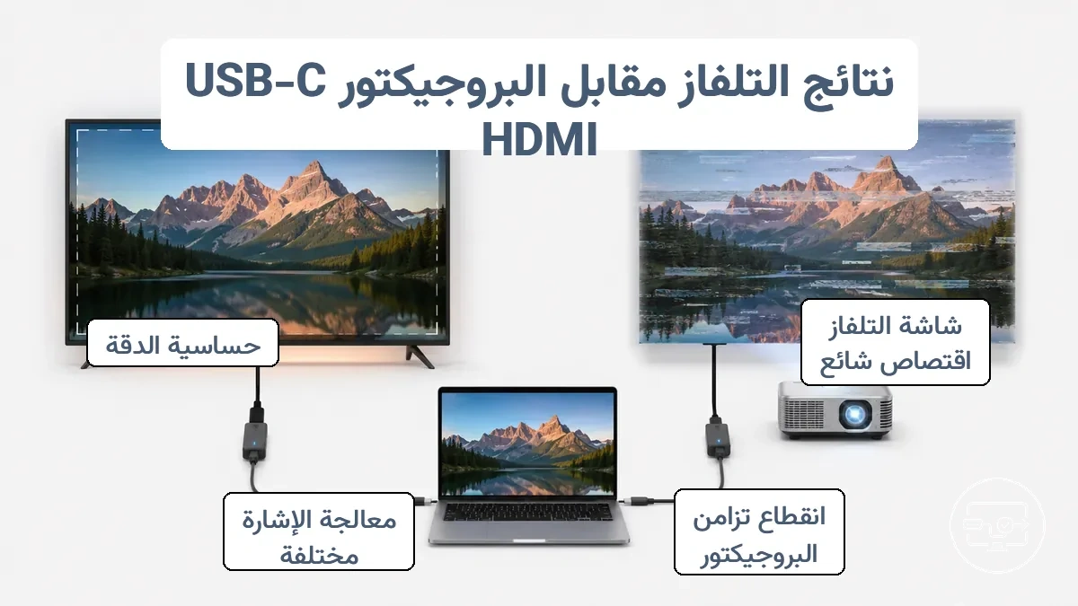 مخطط يقارن معالجة التلفاز وجهاز العرض لإشارات USB-C إلى HDMI يوضح التوسيع الزائد على التلفاز وفقدان التزامن على جهاز العرض
