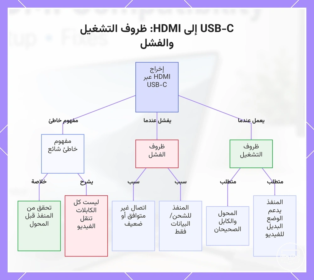 USB-C إلى HDMI: ظروف التشغيل والفشل