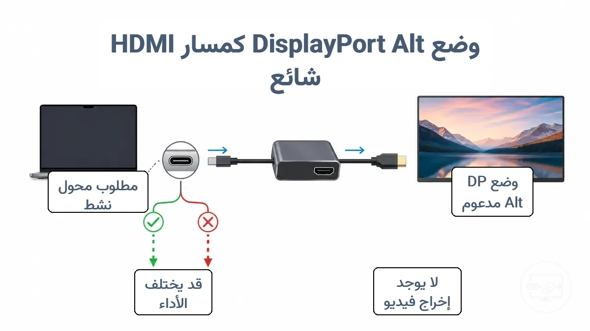 مخطط يوضح مسار USB-C DP Alt Mode عبر محول إلى شاشة HDMI وما يتغير عندما يكون Alt Mode غير مدعوم.