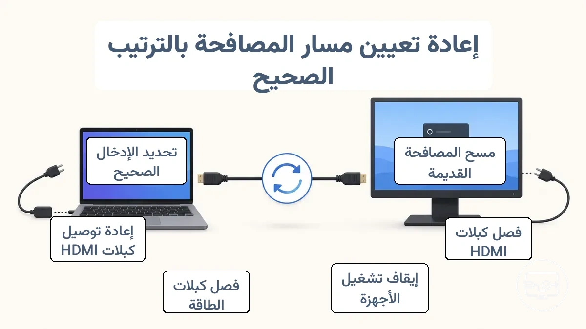 رسم توضيحي يوضح الترتيب الصحيح: افصل الكابلات، أوقف تشغيل الأجهزة، افصل الطاقة، أعد توصيل الكابلات، حدد المدخل على الشاشة