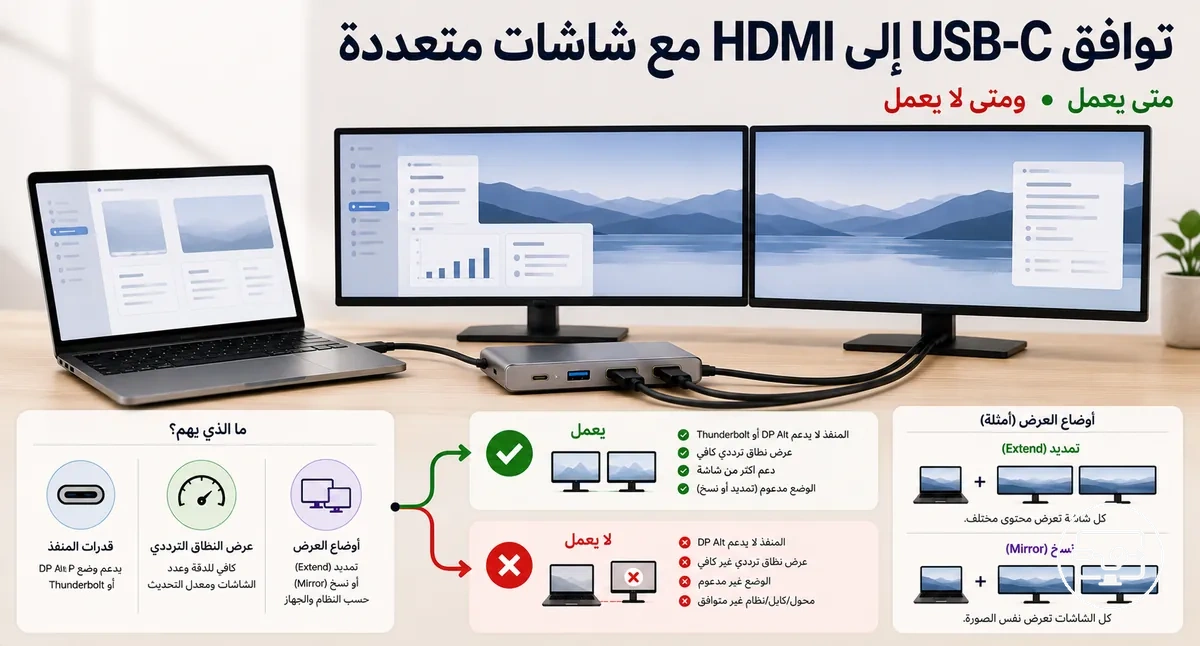 توافق USB-C إلى HDMI لشاشات متعددة مع سطح مكتب ممتد وإعداد متعدد الشاشات