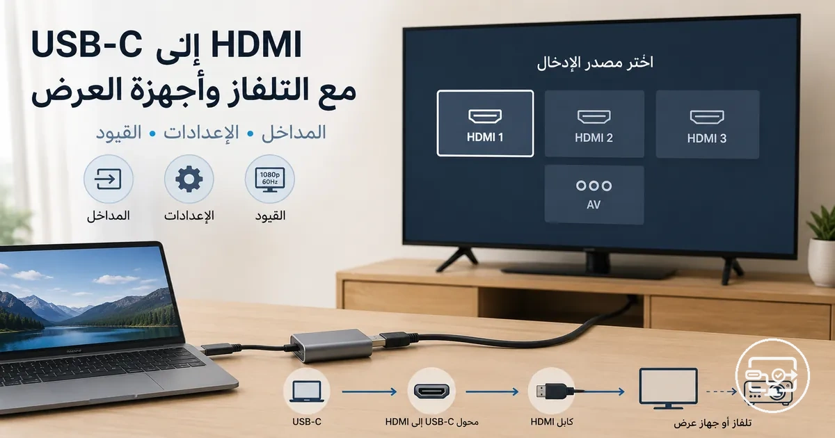 توافق USB-C إلى HDMI مع تلفاز أو جهاز عرض مع اختيار المدخل وتخطيط التوصيل