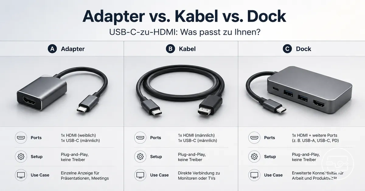Vergleich von Adapter, Kabel und Dock für USB-C-zu-HDMI-Kompatibilität