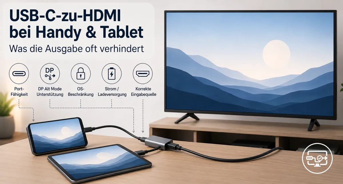 USB-C-zu-HDMI an Handy oder Tablet, verbunden mit TV oder Monitor
