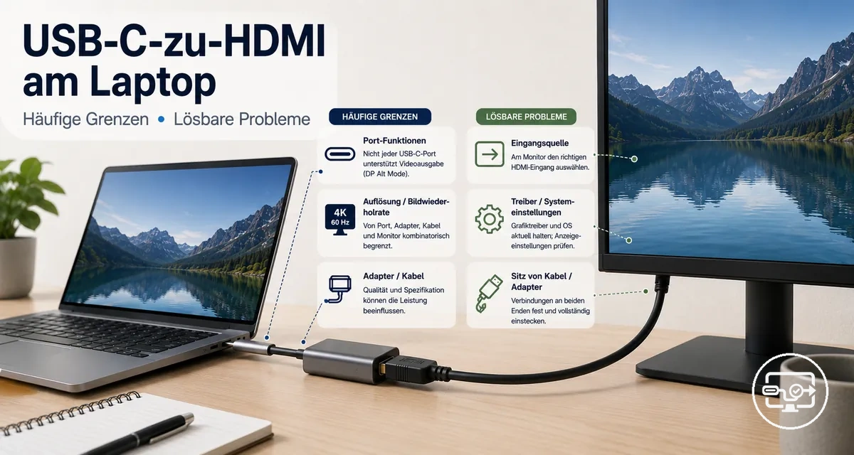 USB-C-zu-HDMI am Laptop mit Verbindung zu einem externen Monitor
