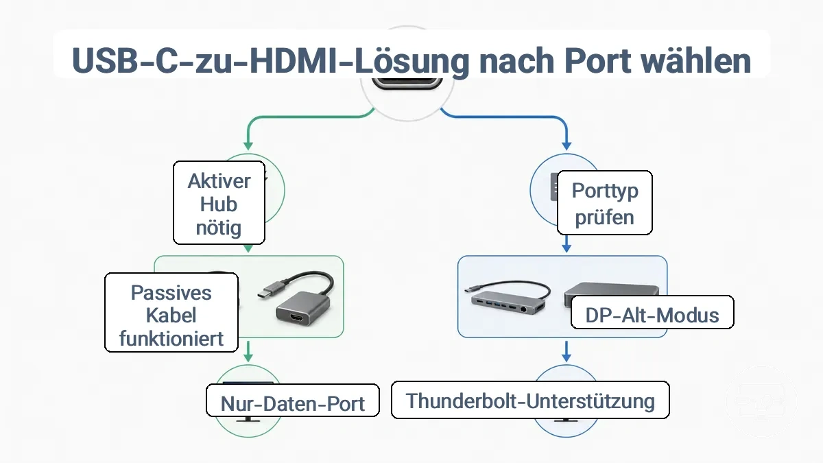Entscheidungsbaum: Die Anschlussfähigkeit bestimmt die Lösungsart für die USB-C-zu-HDMI-Verbindung.