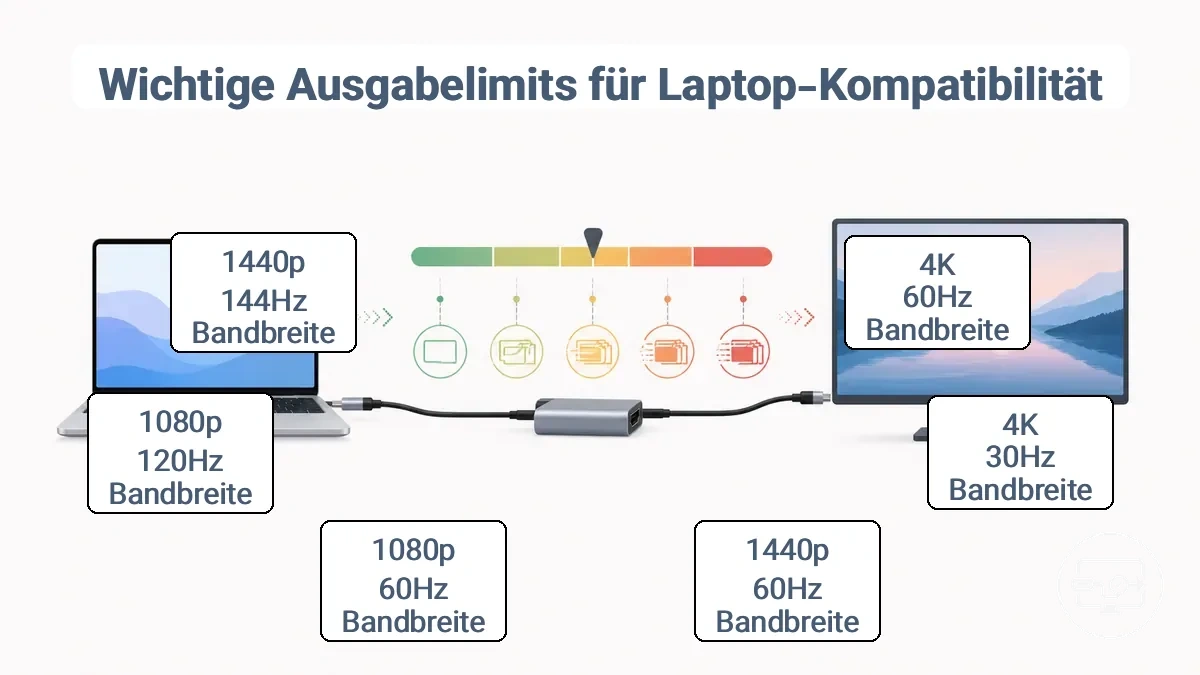 Diagramm mit gängigen Zielausgabemodi und ihren typischen Bandbreiten- und Anschlusseinschränkungen für externe Laptop-Displays.