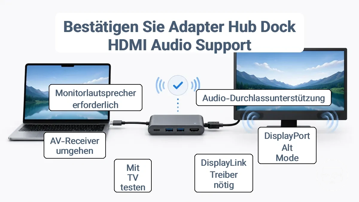 Grafik einer Checkliste zur Überprüfung der HDMI-Audio-Unterstützung von Adapter, Hub oder Dock