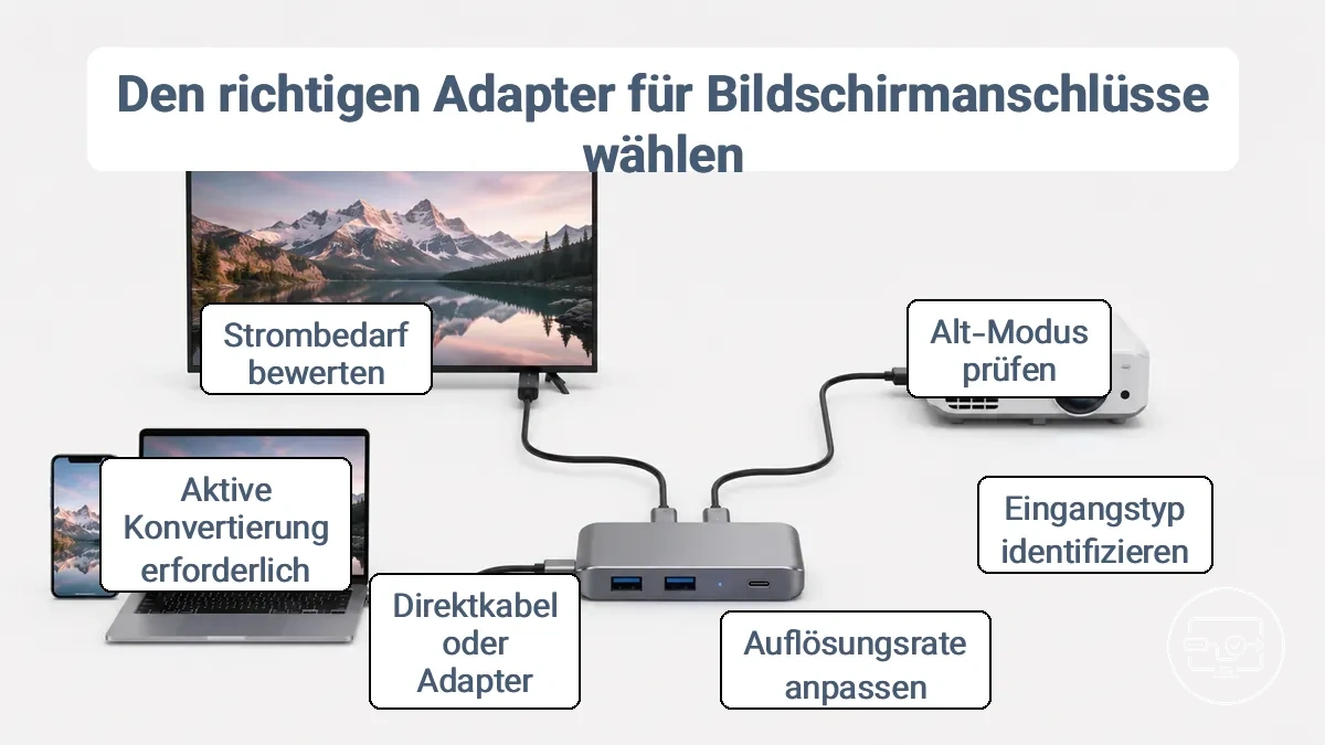 Flussdiagramm, das die Auswahllogik von der Geräteausgabe über den Adaptertyp bis zur Displayakzeptanz und zum erwarteten Ergebnis veranschaulicht