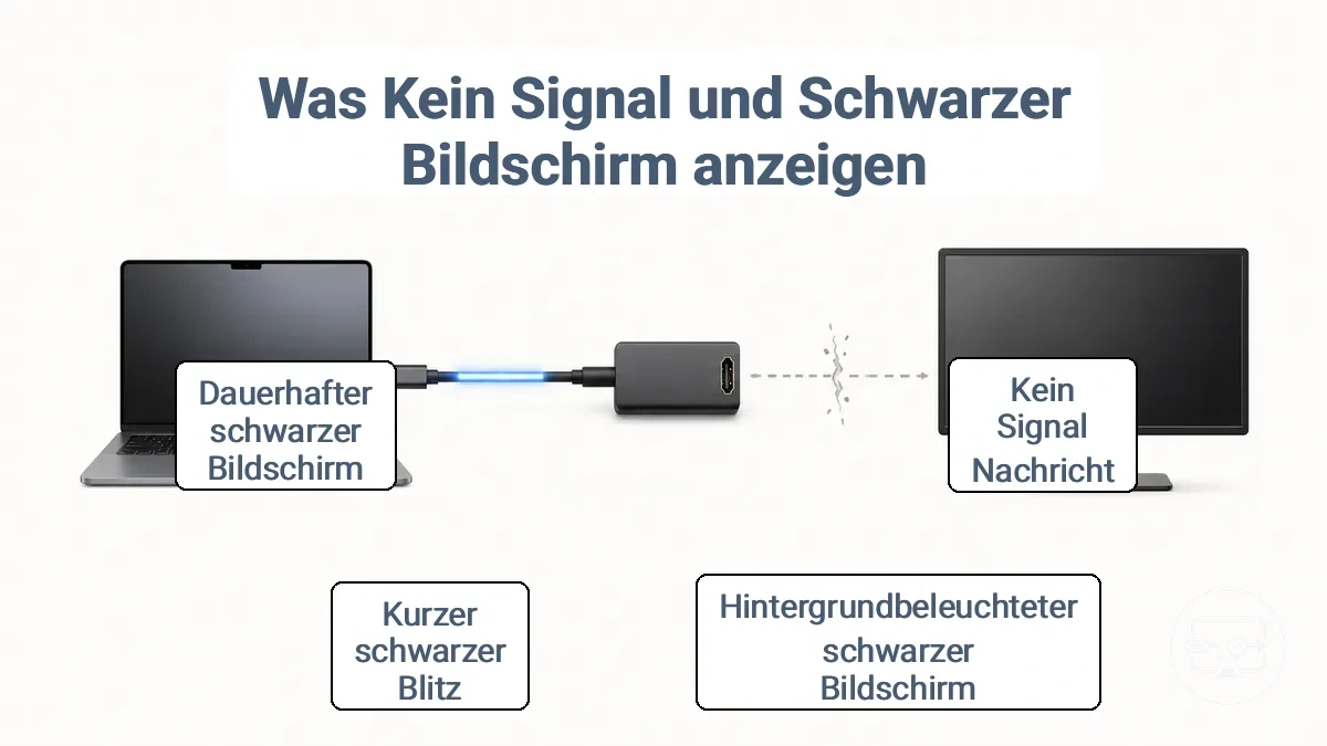 Diagramm der Schichten des USB-C-zu-HDMI-Signalpfads zur Erläuterung dessen, was kein Signal und ein schwarzer Bildschirm typischerweise anzeigen.
