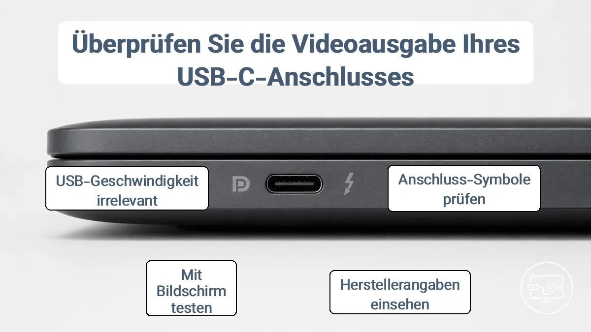 USB-C-Anschluss mit DisplayPort-Symbol und Thunderbolt-Symbol an der Seite eines Laptops
