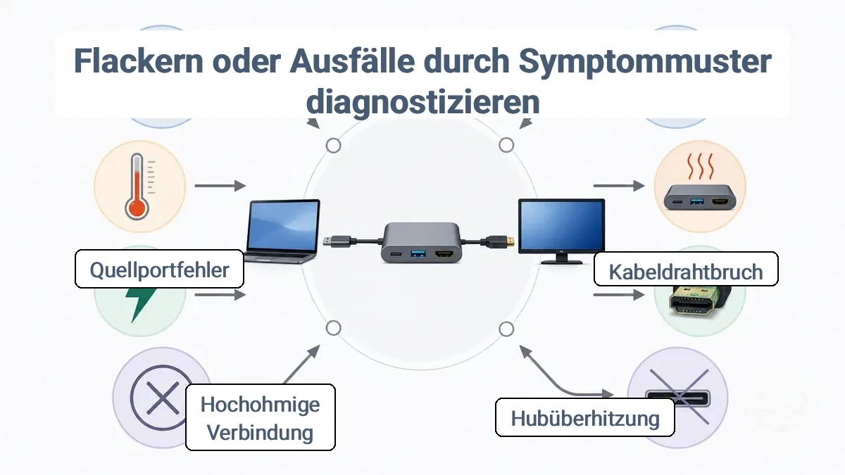 Beschriftete Symptom-zu-Ursache-Karte, die Auslösebedingungen (Bewegung, Hitze, Stromereignisse) zeigt, die auf das wahrscheinlich fehlerhafte Glied (Kabel, Stecker, Hub) bei Flackern und Aussetzern hinweisen.