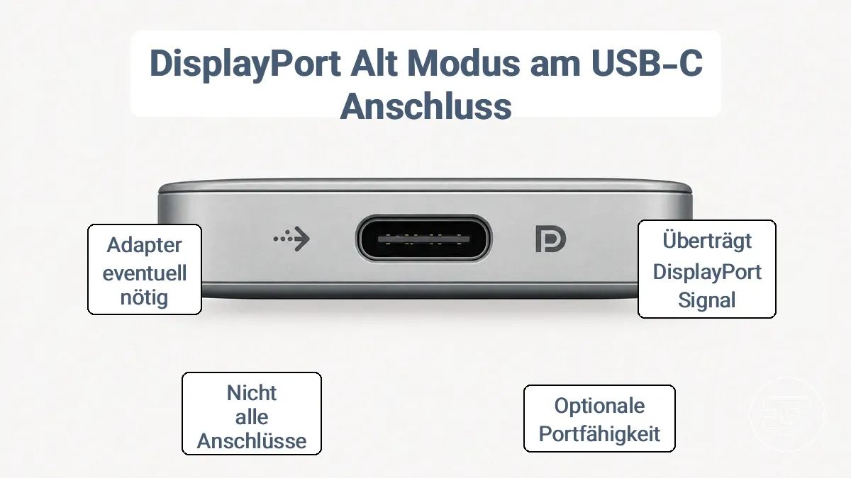 Markierungen an USB-C-Anschlüssen, die auf DisplayPort-Alt-Modus-Unterstützung hinweisen und die Mehrdeutigkeit von Beschriftungen zeigen