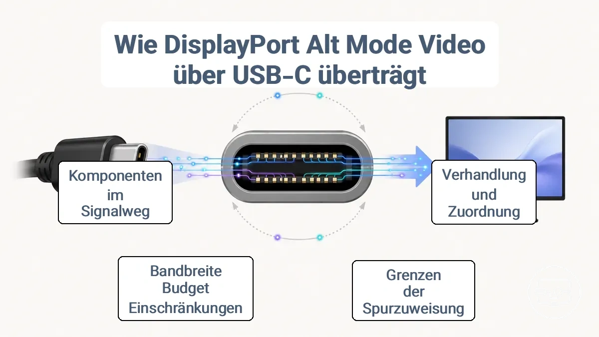 Signalpfadfluss von einem USB-C-Gerät über DP-Alt-Modus und Konvertierung zu einem HDMI-Display