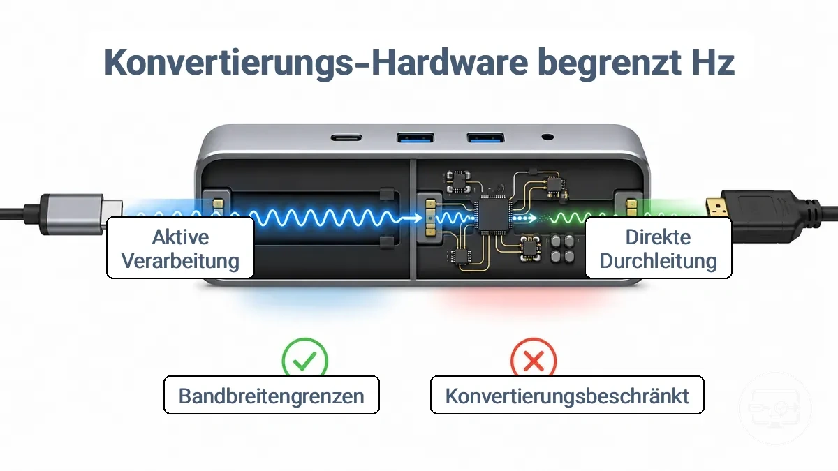 Diagramm, das direkte Durchleitung und konvertierungsbedingte Signalpfade in USB-C-Hubs und Adaptern vergleicht