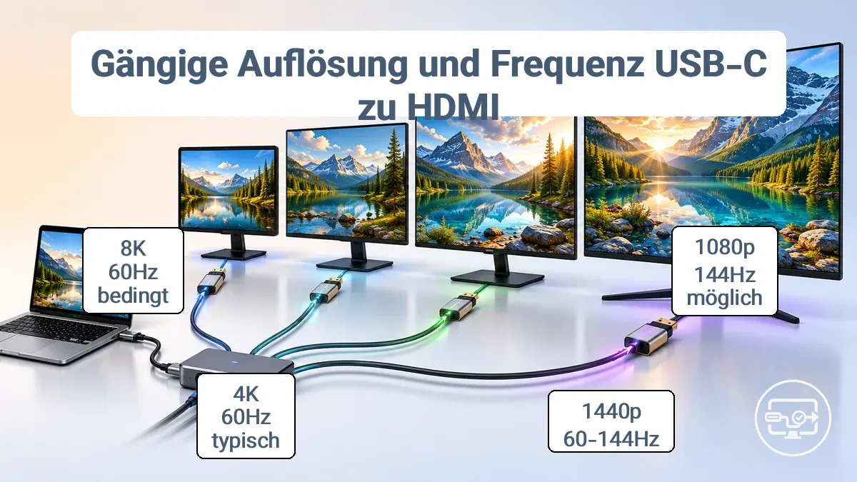 Vergleich der Auflösungs- und Bildwiederholraten-Ergebnisse über USB-C zu HDMI nach Kabel- und Adapterfähigkeiten.