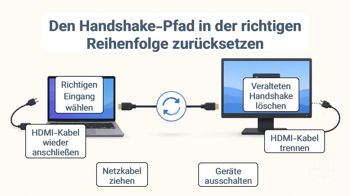 Abbildung der korrekten Reihenfolge: Kabel trennen, Geräte ausschalten, Stromstecker ziehen, Kabel wieder anschließen, Eingang am Display auswählen