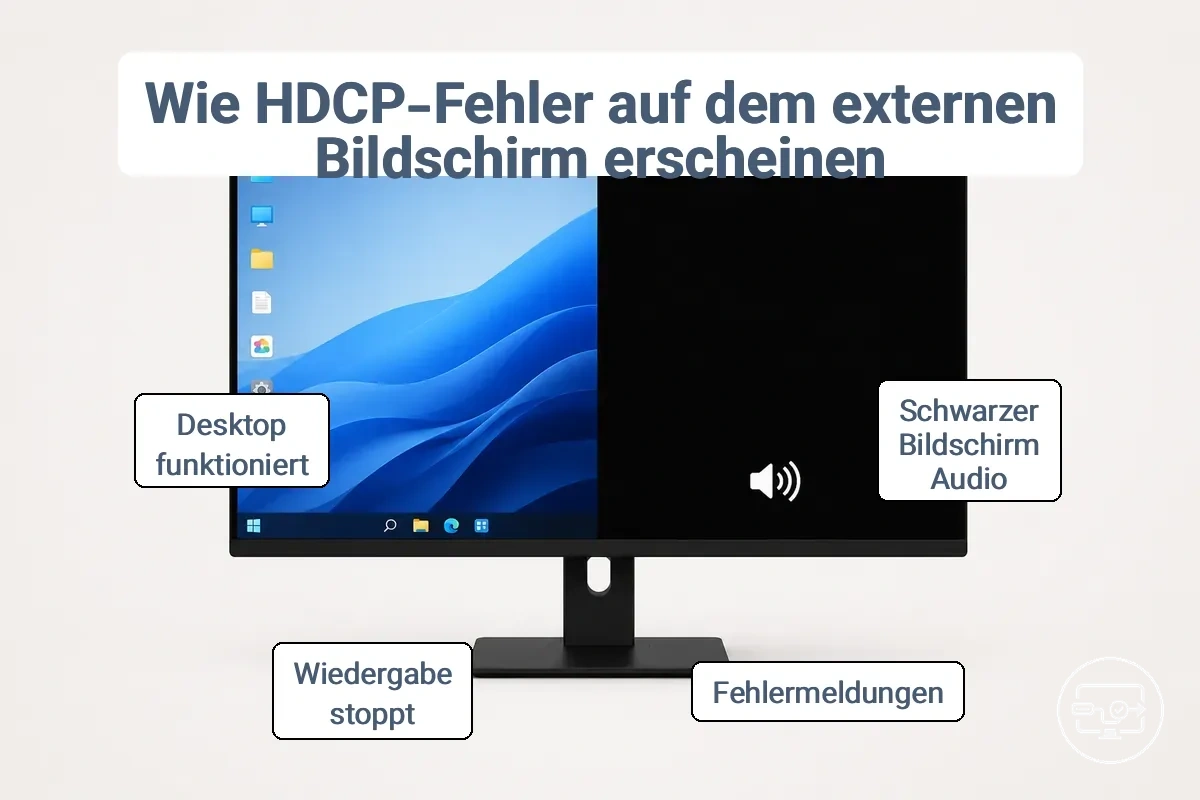 Diagramm mit Vergleich von HDCP-Block-Anzeichen und Kein-Signal-Anzeichen auf einem externen Bildschirm