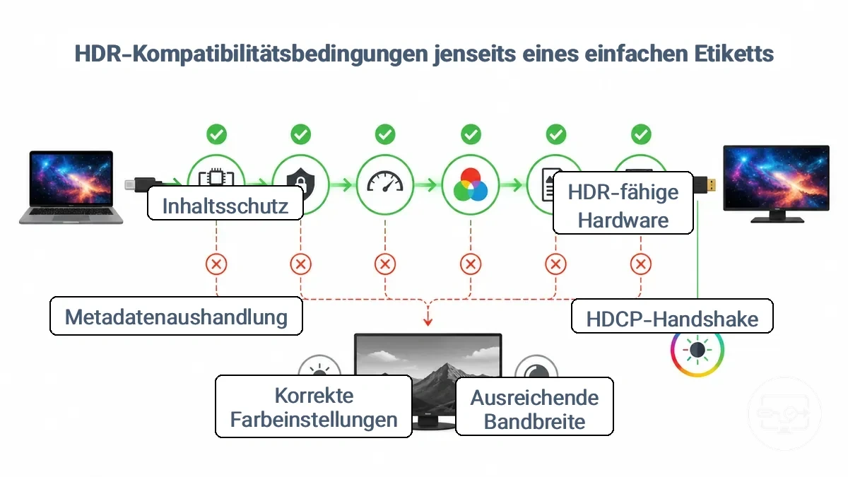 Diagramm, das HDR-Prüfpunkte über eine USB-C-zu-HDMI-Verbindung zeigt und wo HDR auf SDR zurückfallen kann