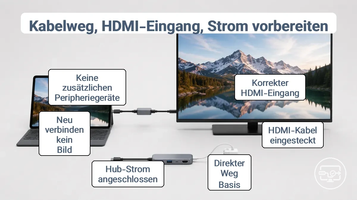 Vorbereitete USB-C-zu-HDMI-Einrichtung mit korrektem HDMI-Eingang, vereinfachtem Kabelweg und optionaler Hub-Stromversorgung.