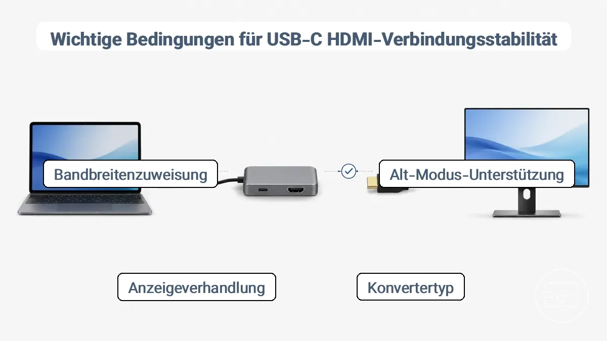 Beschriftetes Diagramm der USB-C-zu-HDMI-Kette: Quellgerät mit Alt-Modus, Konverteradapter, HDMI-Kabel und Bildschirm, mit Kompatibilitätsprüfpunkten auf jeder Stufe.