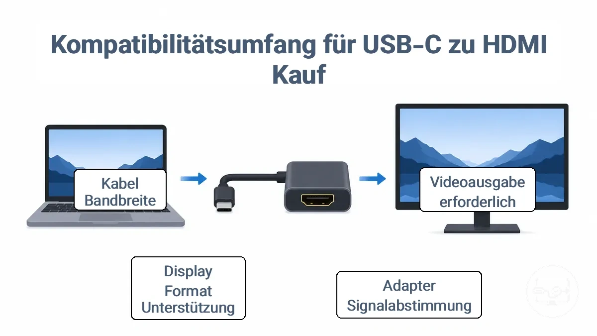 Diagramm der USB-C-zu-HDMI-Kompatibilitätskette, das die Videoausgabe der Quelle, den Adapterpfad und die HDMI-Display-Grenzen zeigt.