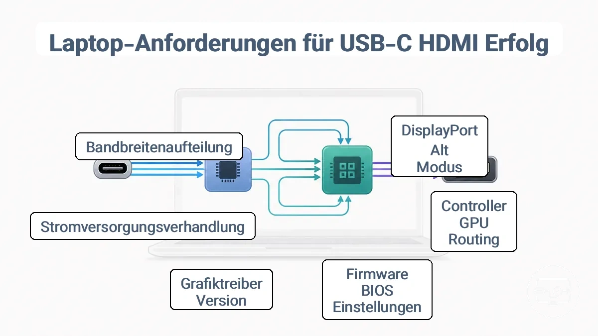 Diagramm der laptopseitigen Signalkette vom USB-C-Anschluss über Controller, Routing, GPU-Pipeline zum HDMI-Ausgang