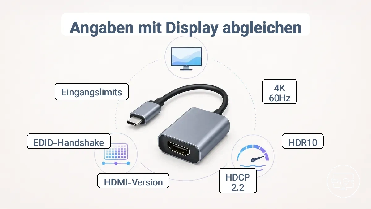 Grafik zum Abgleich von USB-C-zu-HDMI-Adapter-Leistungsangaben mit den spezifischen Display-Anforderungen (4K 60Hz, HDR, HDCP).