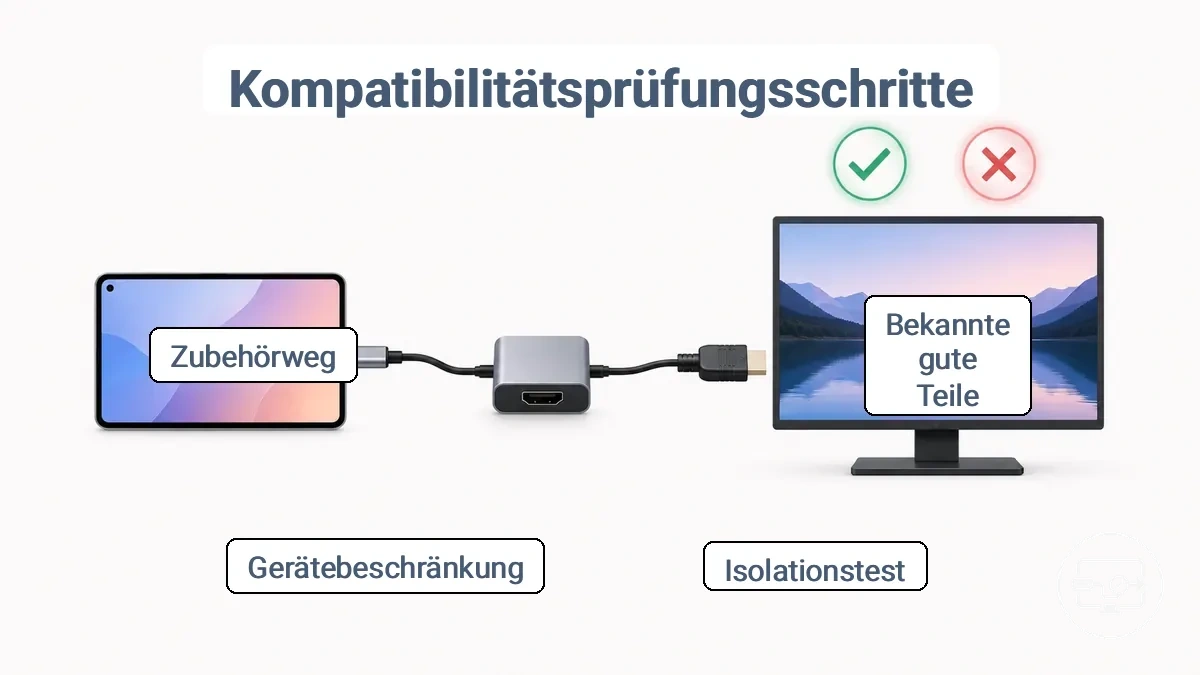 Einfaches Isolations-Flussdiagramm, das Gerät, HDMI-Kabel, Adapter und Display mit Bestehen/Nichtbestehen zeigt
