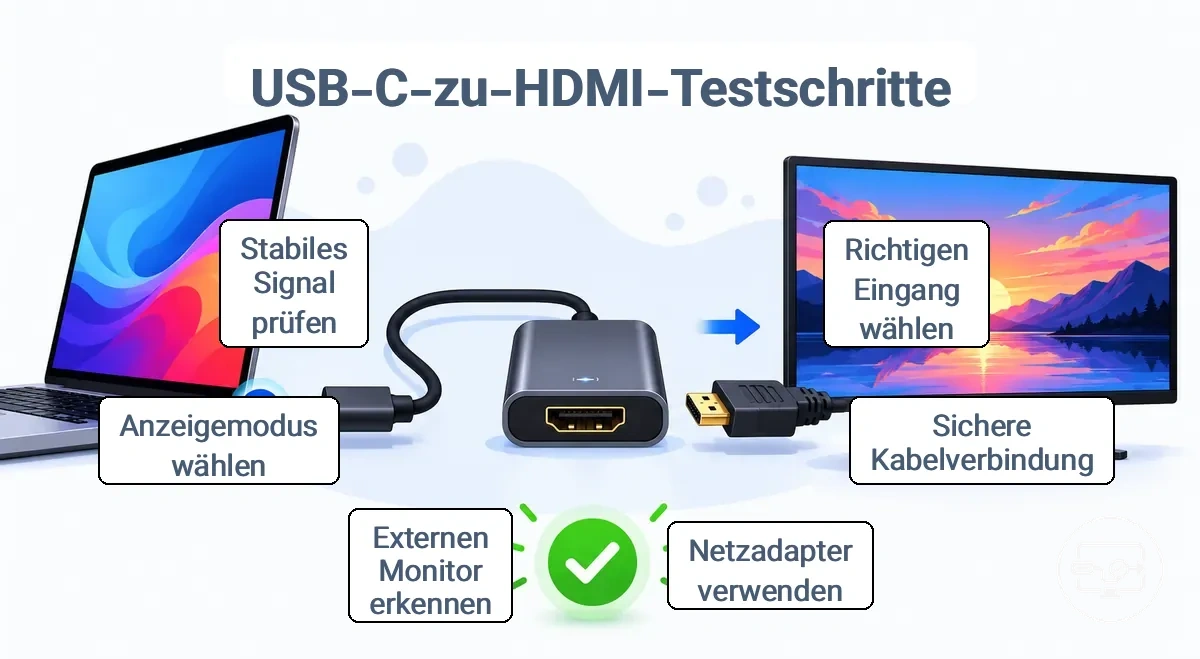 Abbildung der USB-C-zu-HDMI-Testverbindungsschritte